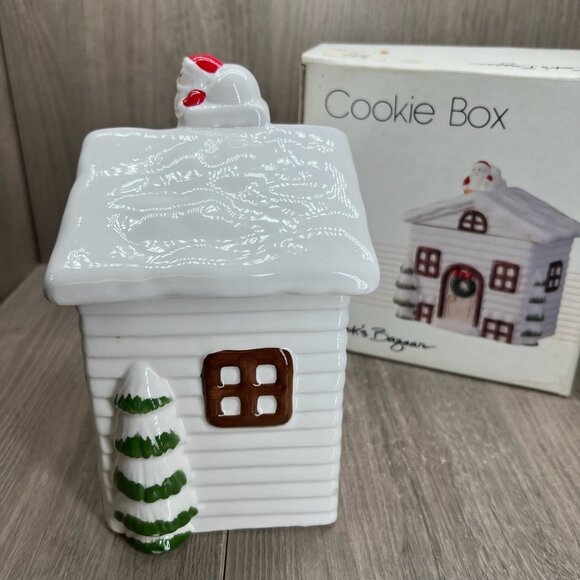The Cooks Bazaar Vtg Ceramic Cookie Box Santa House Christmas Collectible White - Picture 3 of 12